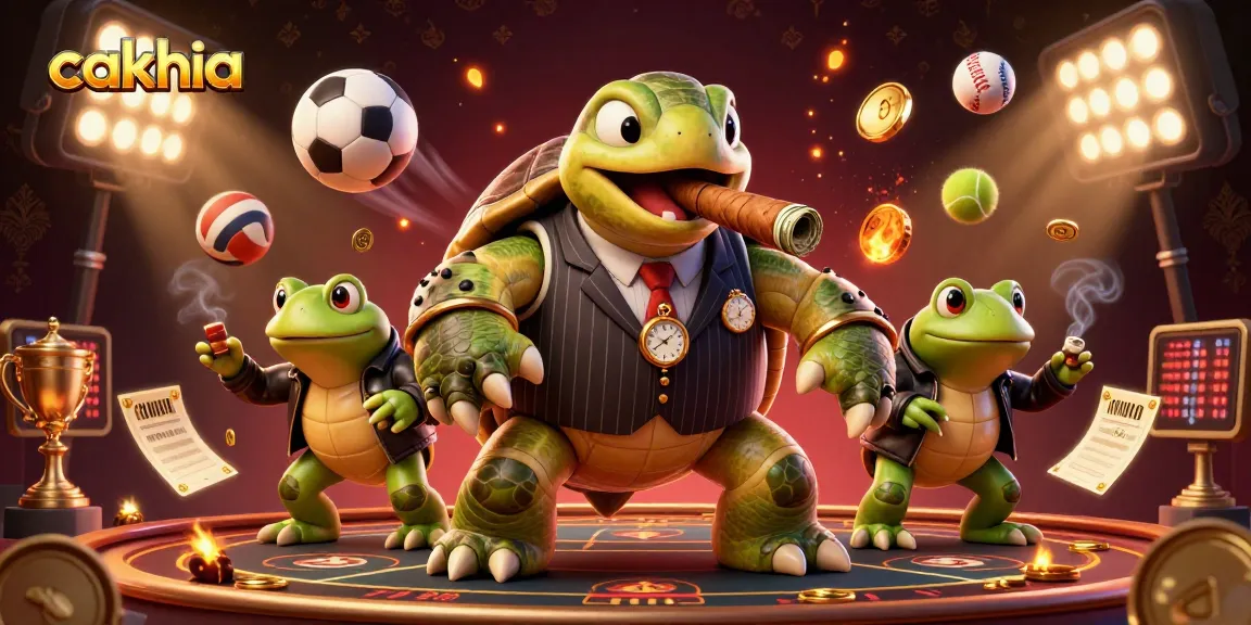 Cakhia showcases a vibrant casino scene with a turtle mobster and bullfrog enforcers amid dynamic sports elements.