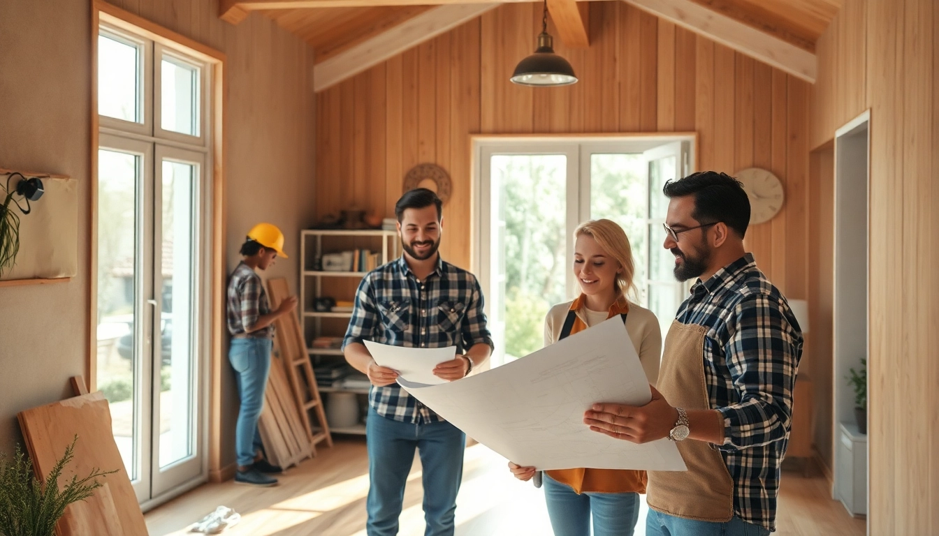 Hausrenovierung: Handwerker arbeiten zusammen mit einem Paar an Renovierungsplänen und schaffen eine einladende Atmosphäre.