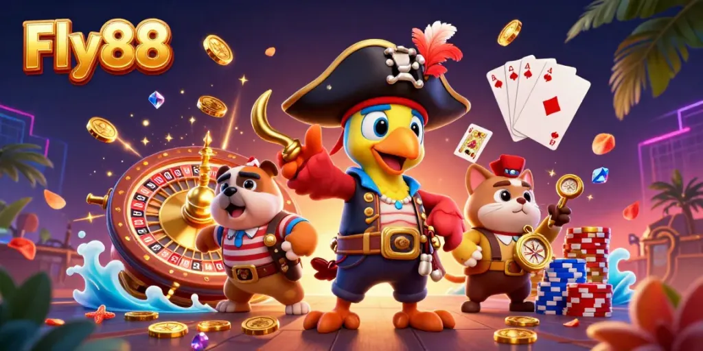Experience thrilling action at Fly88 with a vibrant 3D casino adventure featuring pirate characters.
