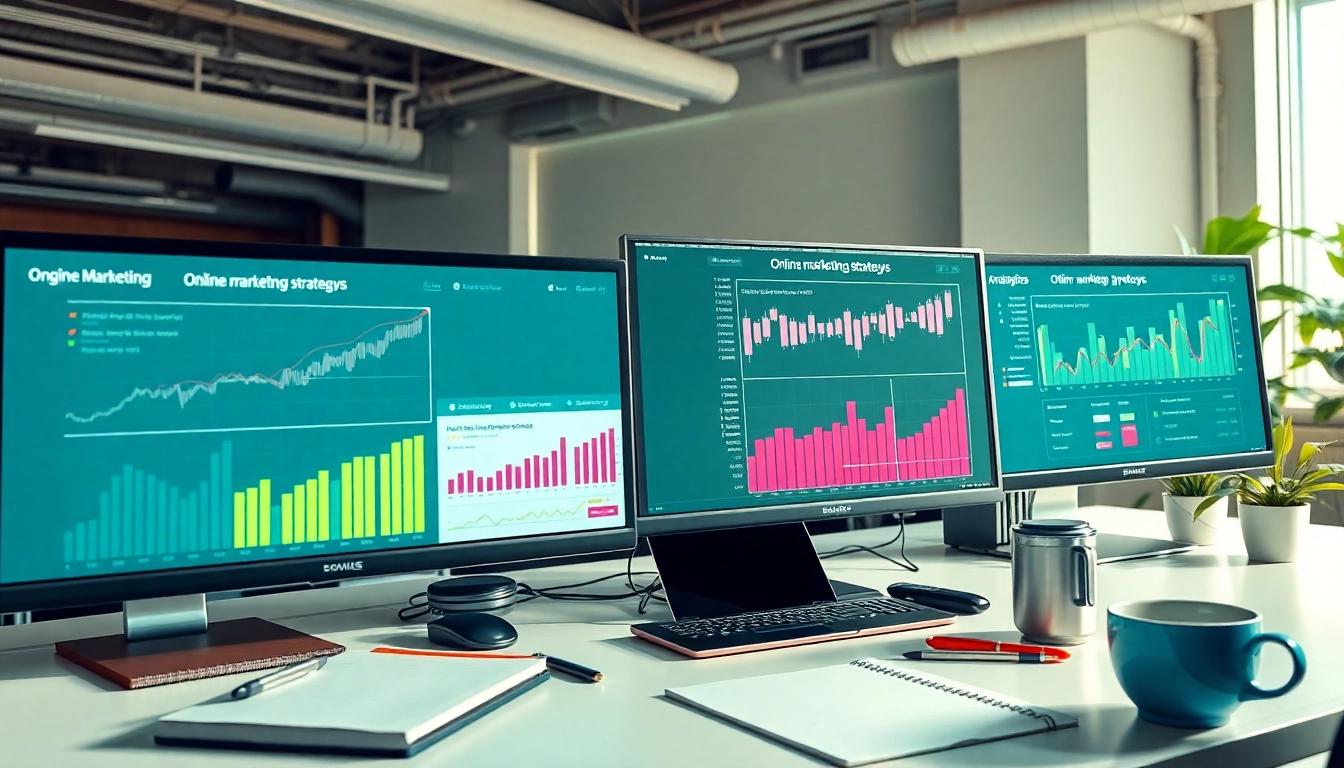 Online Marketing Strategien visualisieren in einem modernen Büro mit Arbeitsmaterialien.