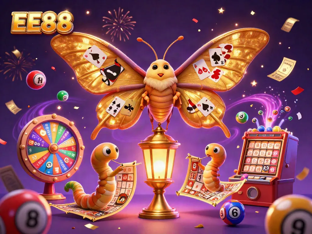 Win with EE88, showcasing a 3D moth amid exciting casino elements, vibrant energy, and festive celebration.