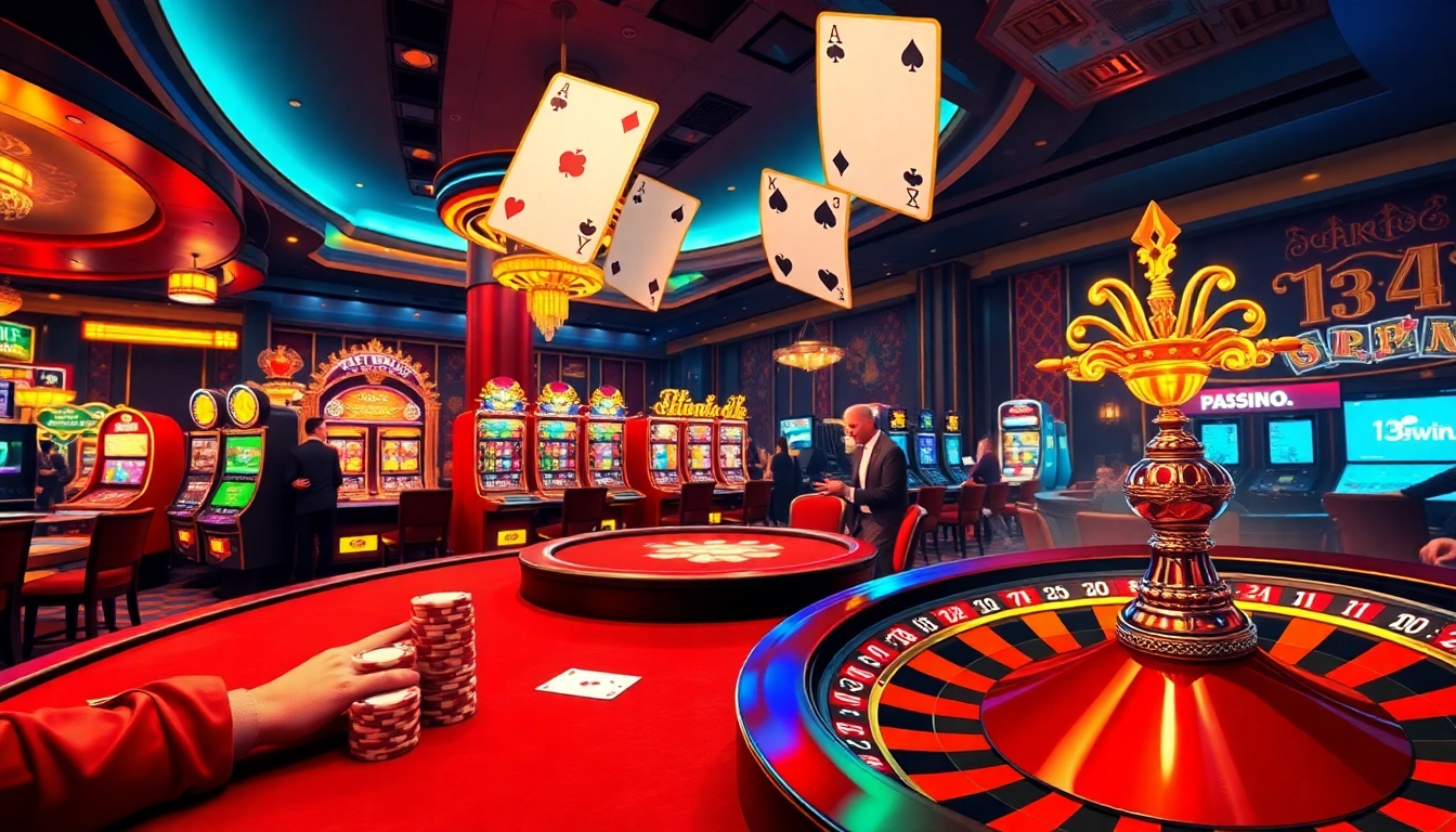 Experience the thrill of online gambling at 13win asia with players at a luxurious casino table.