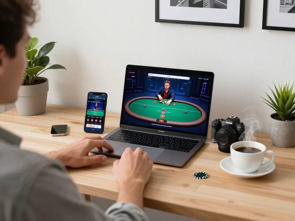 Engaging in online poker gameplay at home with mm88 on screen, showcasing responsible gaming environment.