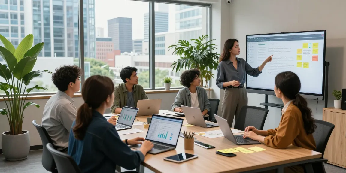 Ein Team diskutiert die arbeitskultur bewerten in einem modernen Büro mit digitalen Geräten.