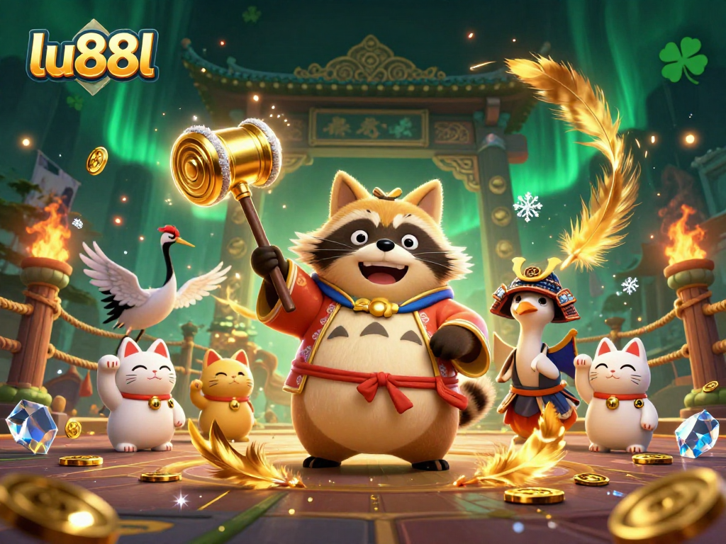 Engage in thrilling casino play with lu88l's cheerful tanuki surrounded by lucky symbols and rich textures.