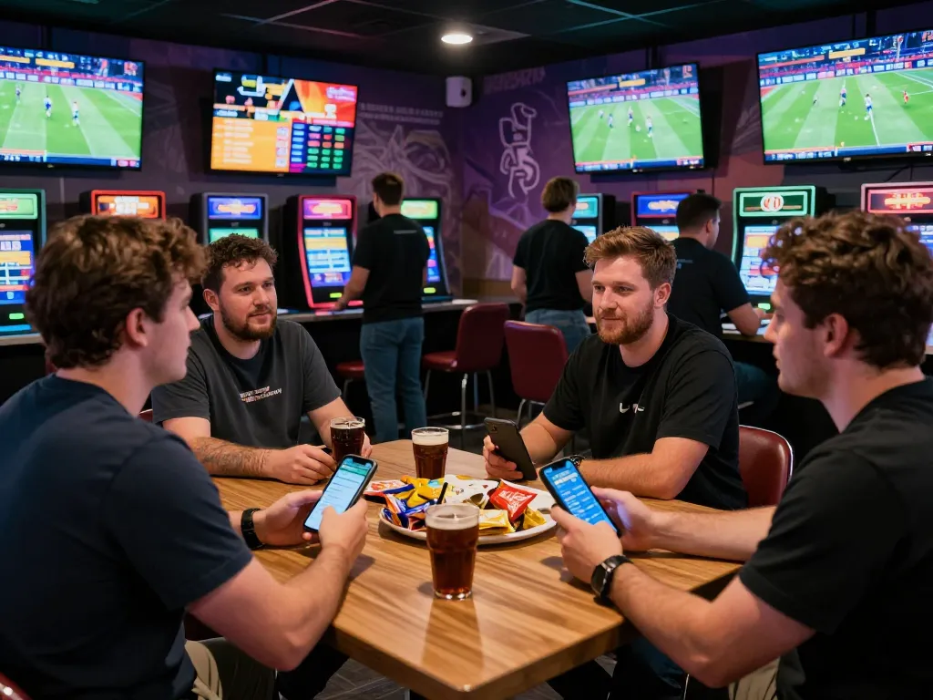 Exciting sports betting atmosphere at zbet lounge with friends placing bets