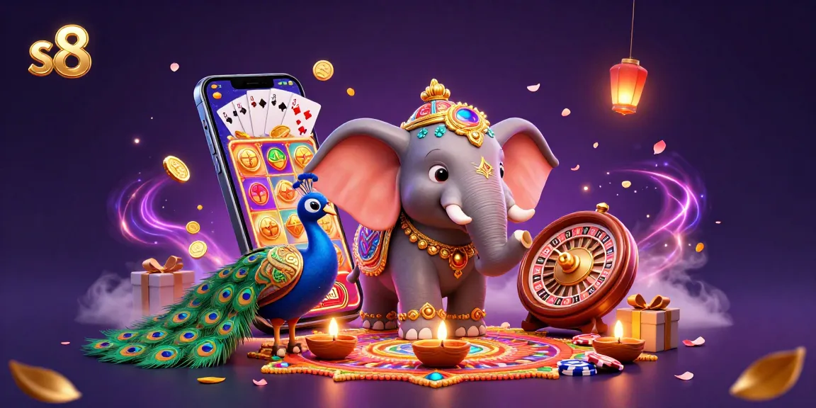 s8 players spin colorful slot game reels while enjoying a vibrant 3D casino scene with festive elements.