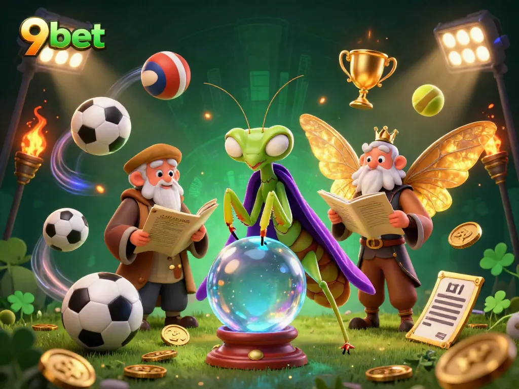 Experience thrilling wins with 9bet in this vibrant 3D casino scene featuring dynamic sports elements.