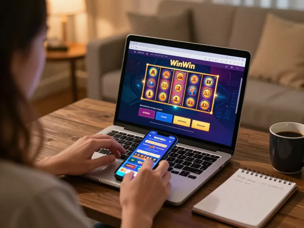 Engaging online gaming moment at WinWin casino showcasing a player on laptop and smartphone.