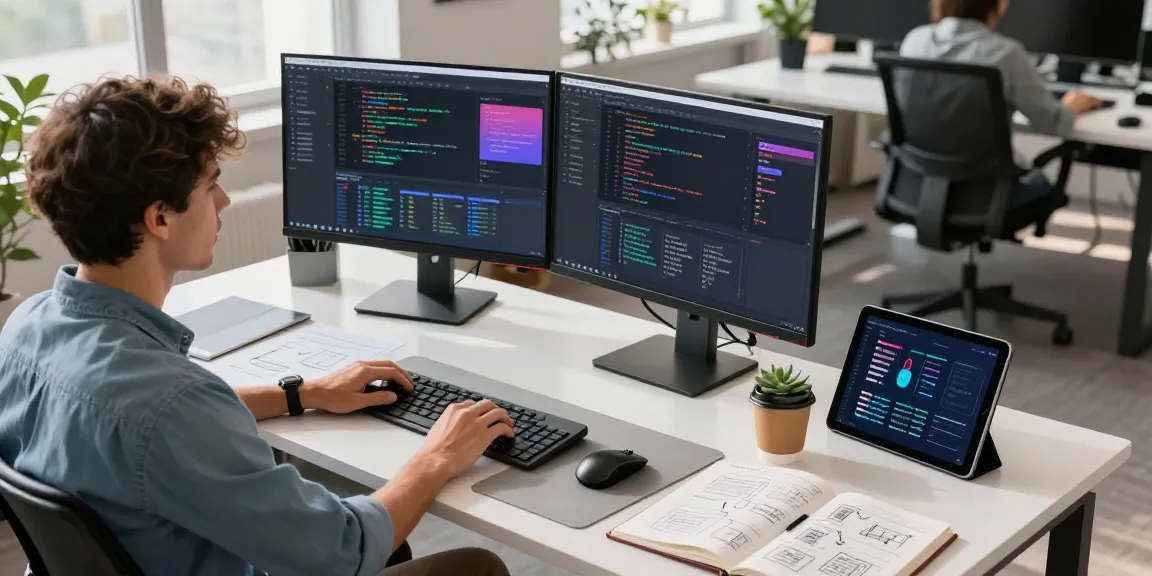 Build internal tools with AI in a modern workspace featuring a developer coding with dual monitors, notebooks, and coffee.