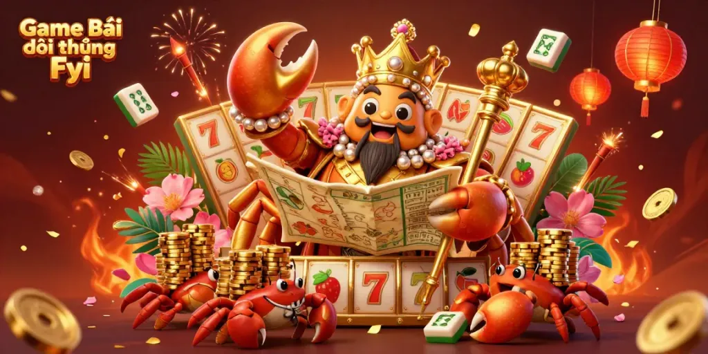 Engage in thrilling gameplay with Game Bài Đổi Thưởng Fyi featuring a golden crab emperor and slot elements.
