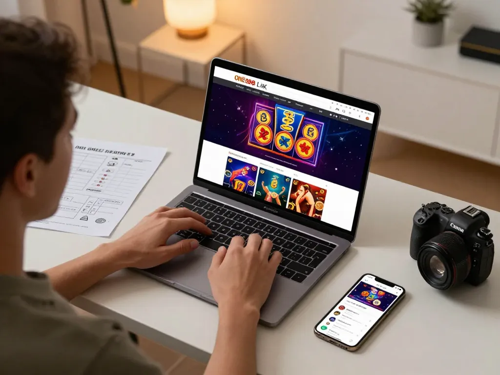 Engage with the ONE88 LINK platform displaying exciting casino games on a home laptop.