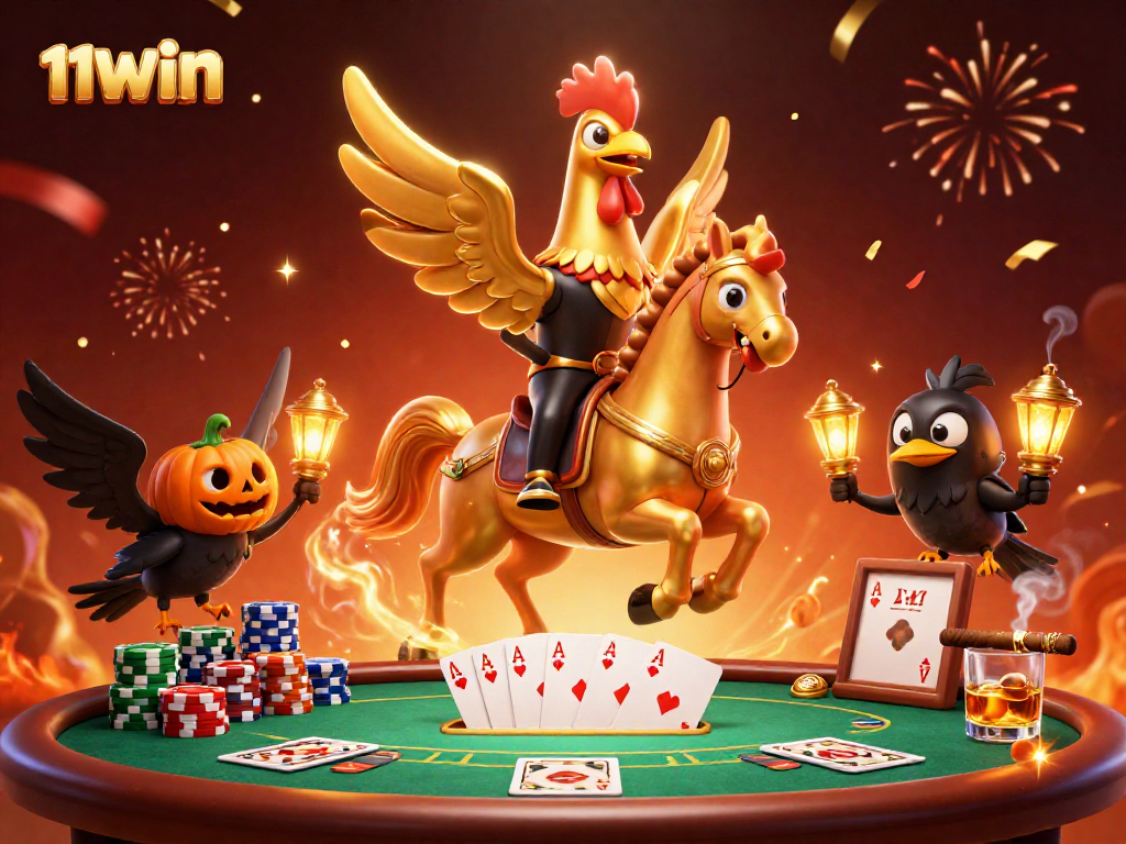 Experience thrilling poker action at 11WIN's midnight casino with glowing gaming elements.