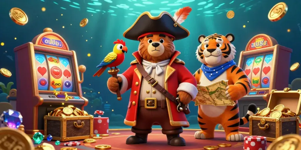 Experience exciting casino adventures with au88 illustrated by a pirate bear and tiger in a vibrant treasure scene.