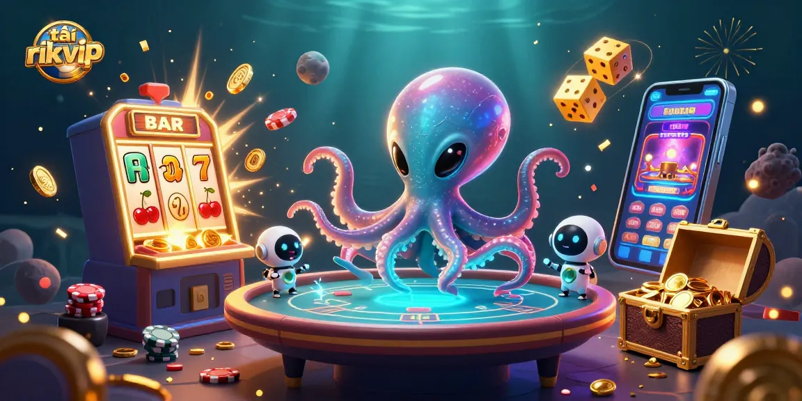Experience the excitement of tải rik vip with this vibrant 3D casino illustration featuring an alien octopus and a dynamic gaming scene.