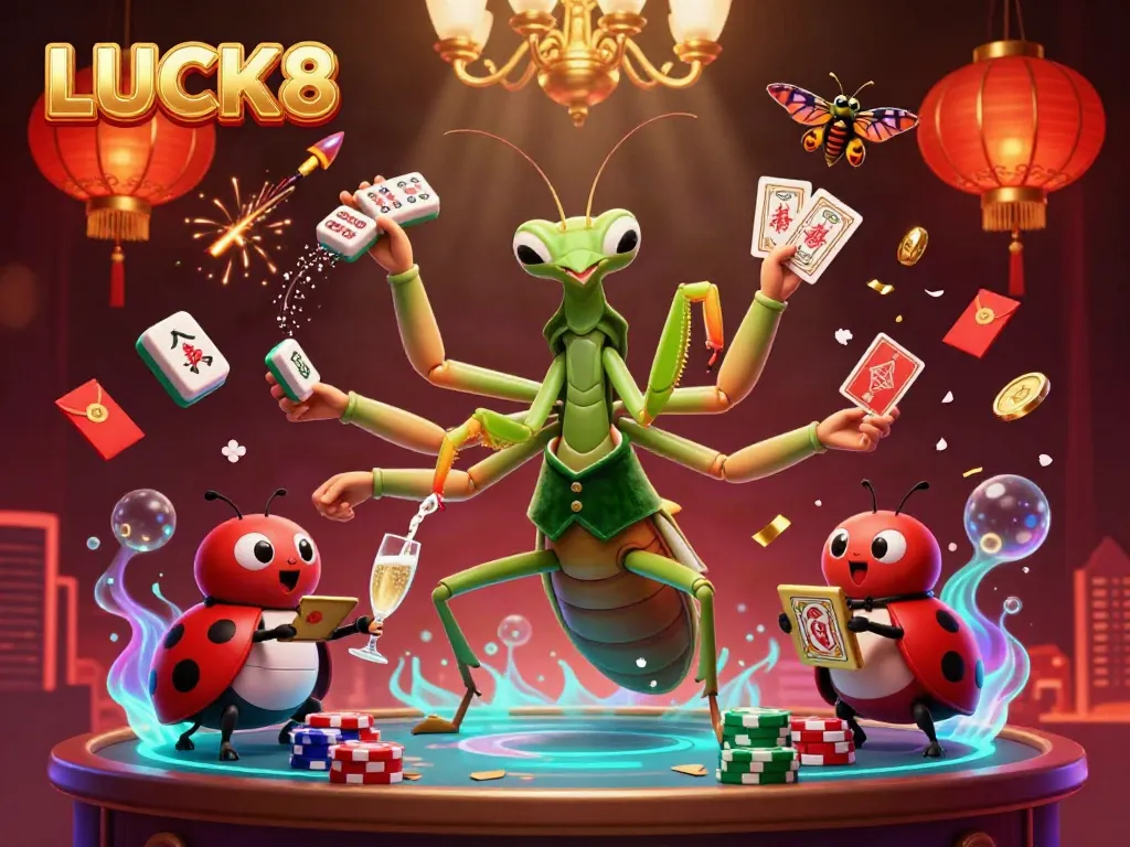 LUCK8 card sharp deals cards at an extravagant casino scene filled with festive elements and vibrant colors.