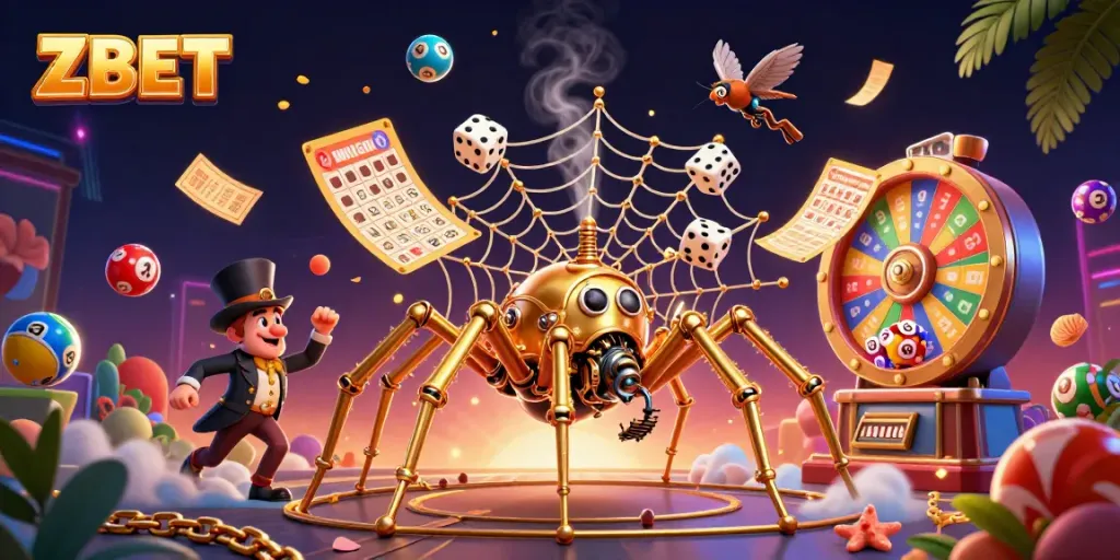 Experience thrilling gameplay with ZBET featuring a unique steampunk spider illustration.
