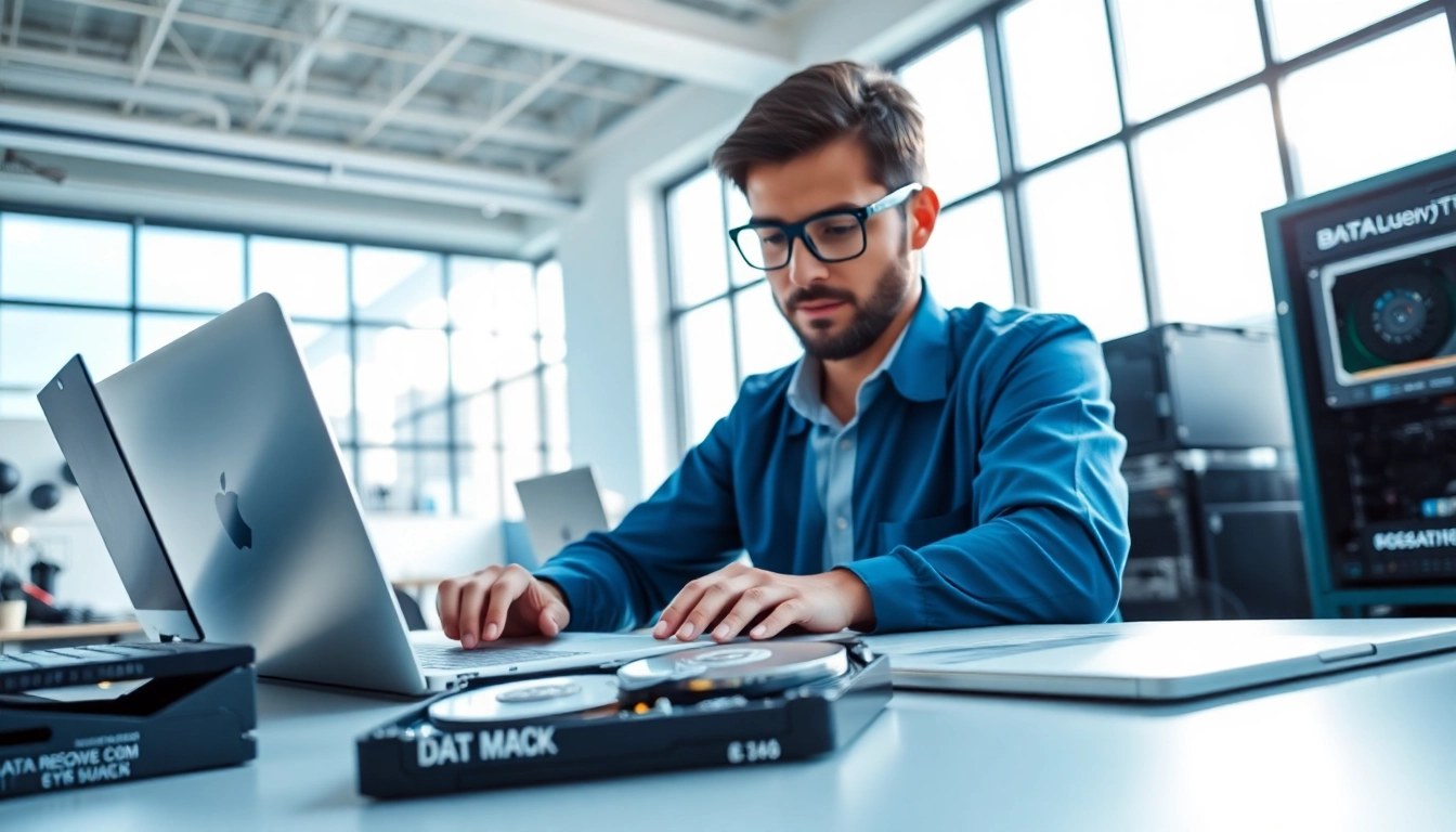 Datenrettung Festplatte Wien: Techniker arbeitet an einer Computerfestplatte in einem modernen Büro.