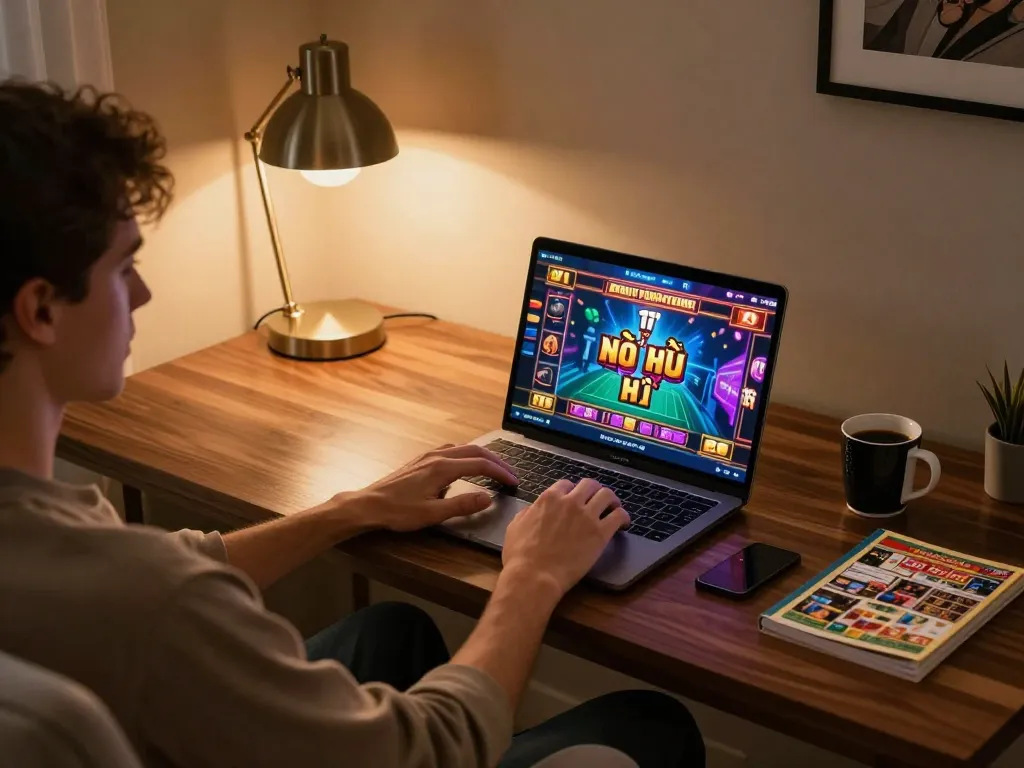 Engaging in game nổ hũ with laptop and strategy notes in a cozy home office setup.