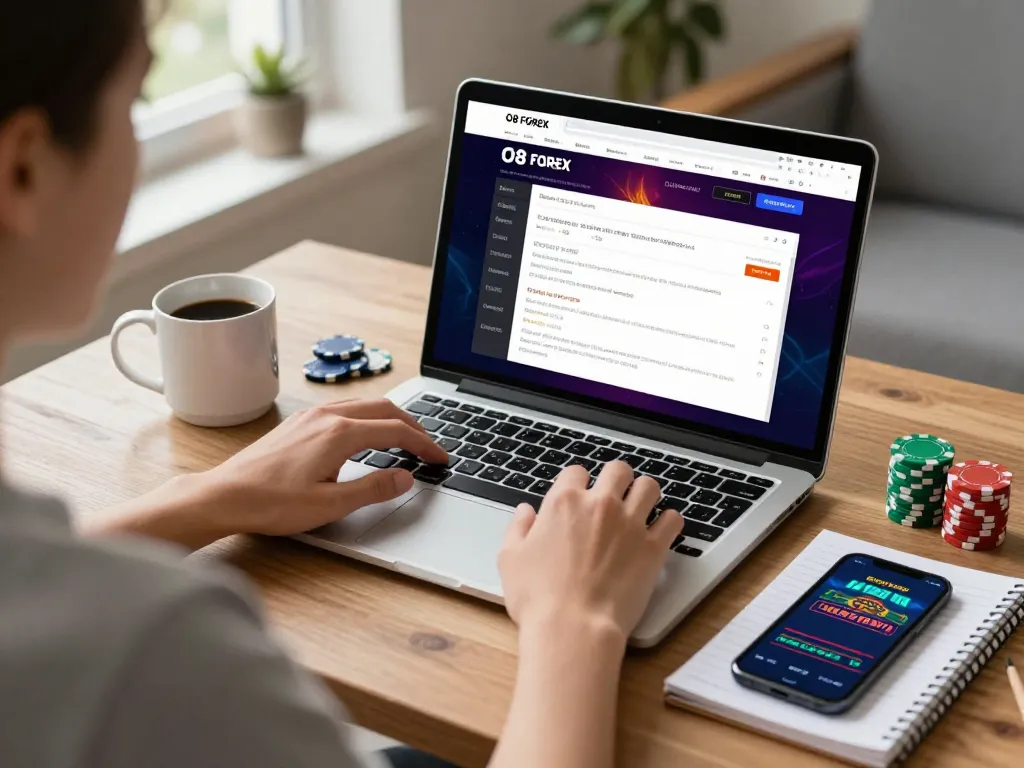 Engaging in online casino gaming on O8 FOREX with a cozy setup, showcasing a dynamic interface and strategy elements.