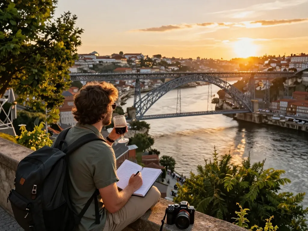 Reisetipps Porto, die lebhaften Sonnenuntergangsblicke über den Douro-Fluss an der ikonischen Dom Luís I Brücke erkunden.