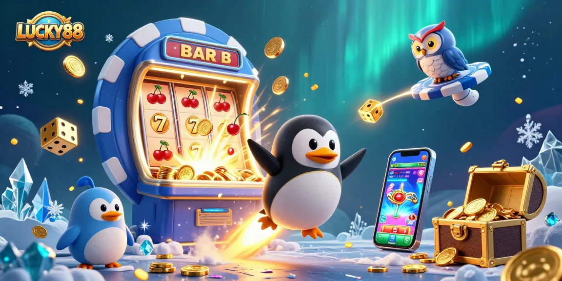 LUCKY88 offers thrilling gaming experiences with vibrant colors and dynamic casino action illustrated.