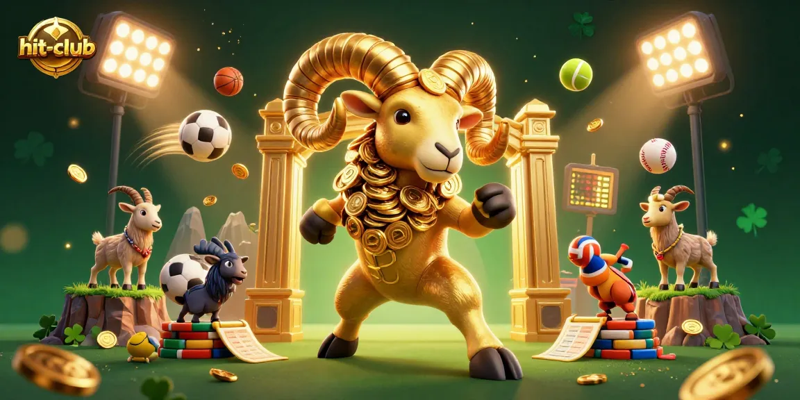 Hit-club features a dynamic golden ram charging through a vibrant sports-themed casino scene.