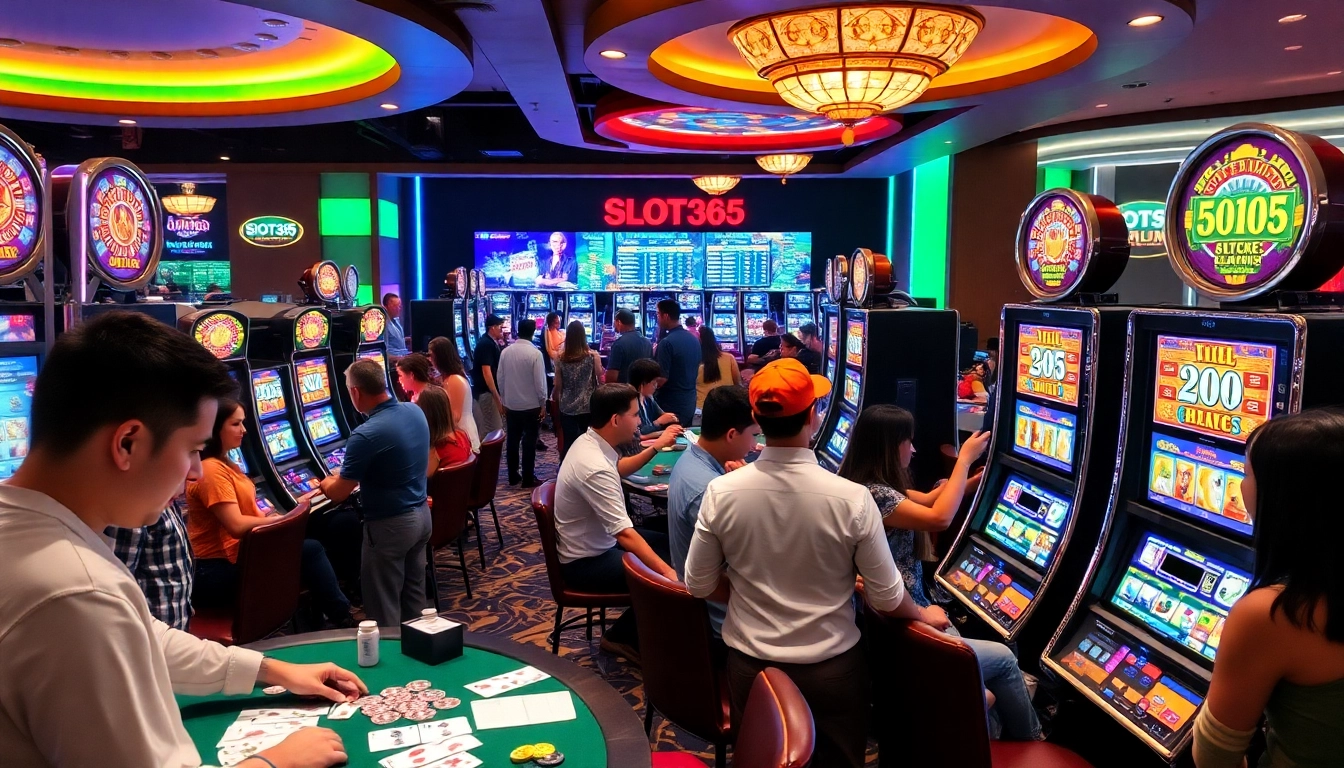 Players spinning slot machines at SLOT365, showcasing excitement and thrilling gaming.