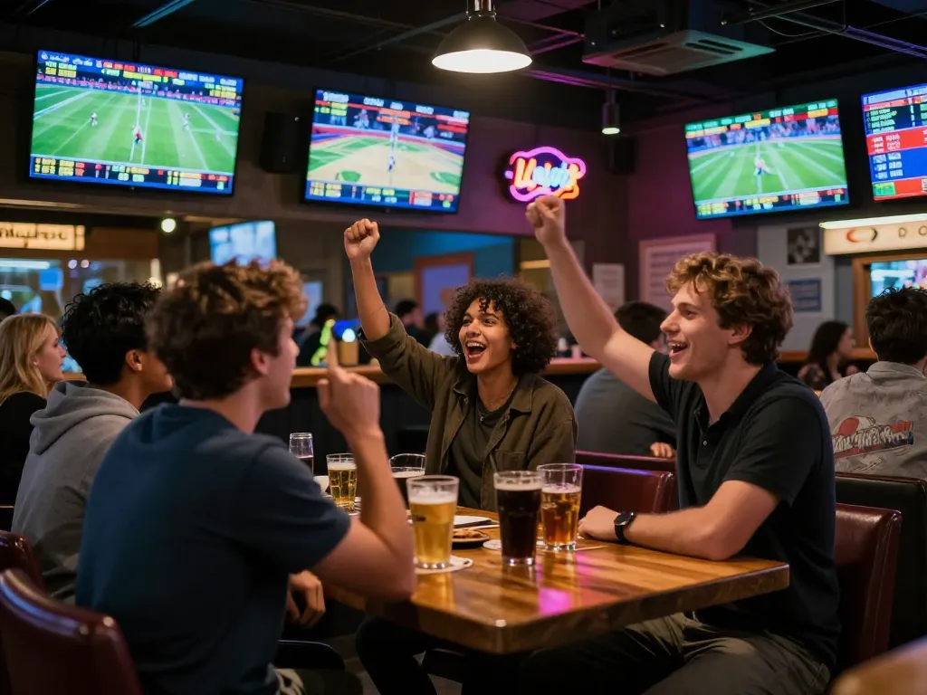 Excited patrons reviewing odds in a kèo nhà cái sports betting atmosphere with live games.