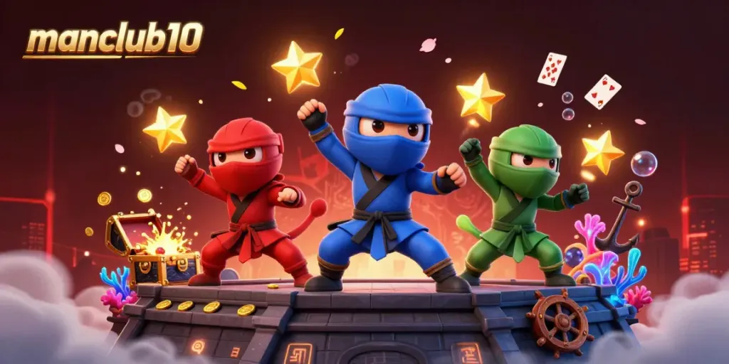 Experience immersive gaming with manclub10, featuring ninja chameleons, gold treasures, and vivid casino elements.