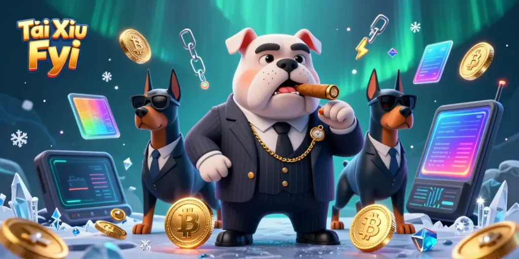 Experience the thrill of Tài Xỉu Fyi with our cartoon mafia characters surrounded by blockchain elements.