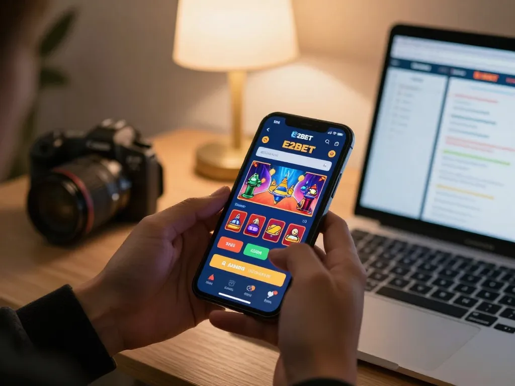 E2BET không chặn gaming on smartphone in a cozy environment, showcasing mobile casino excitement.
