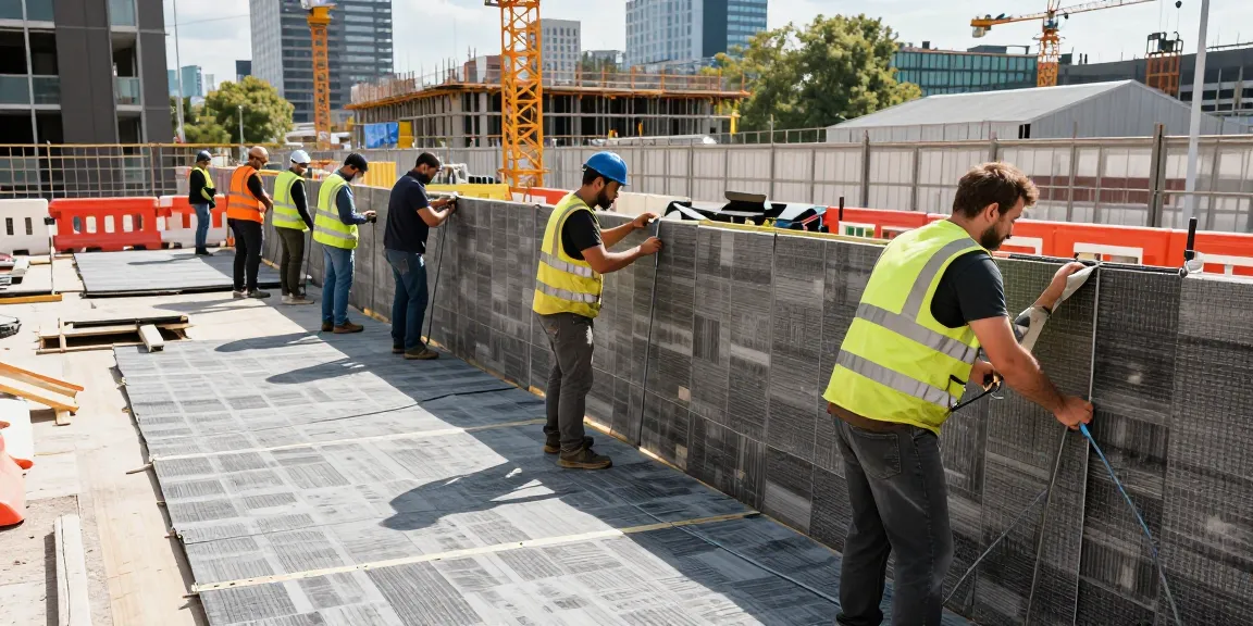 Lärmschutz für Baustellen Lärmschutzmatten kurzfristig mieten an einem urbanen Baustellenzaun installiert mit einem engagierten Team.