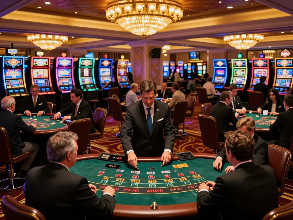 TOPBET blackjack players engage at a vibrant Vegas casino, showcasing the thrilling gameplay.