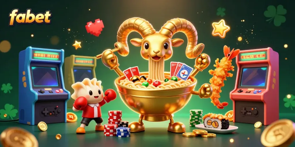Explore the vibrant world of fabet with a playful 3D casino scene featuring a giant golden ramen bowl and enthusiastic sushi roll dealer.