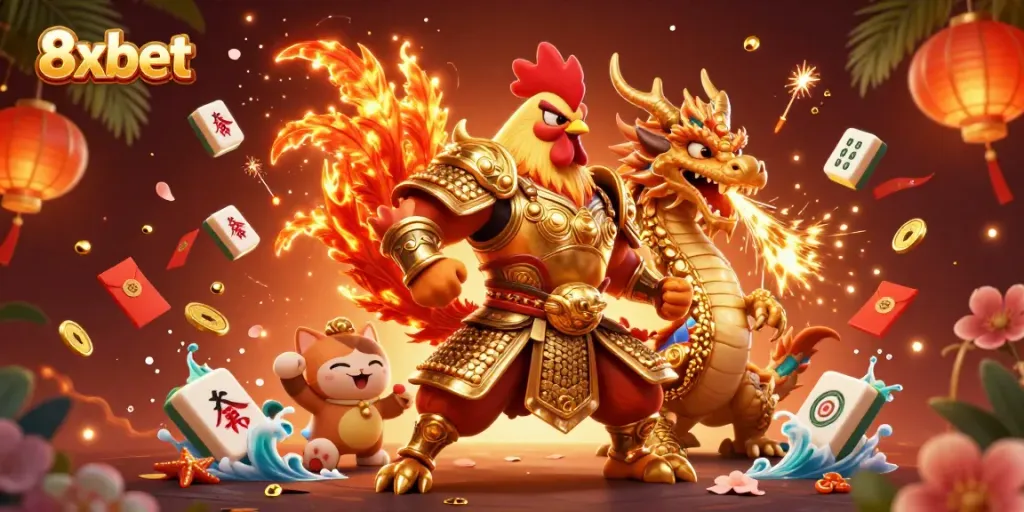 Experience thrilling gaming at 8xbet with a roaring rooster and dragon in a festive atmosphere.
