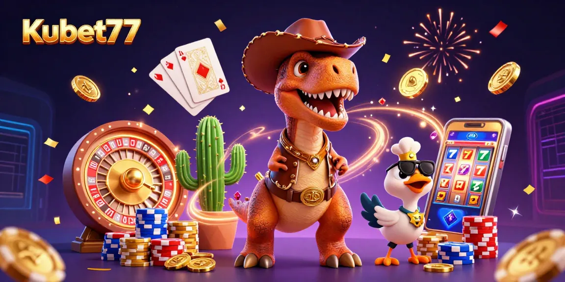 Kubet77 invites you to experience the thrill of gaming with a vibrant casino scene featuring characters and dynamic game elements.