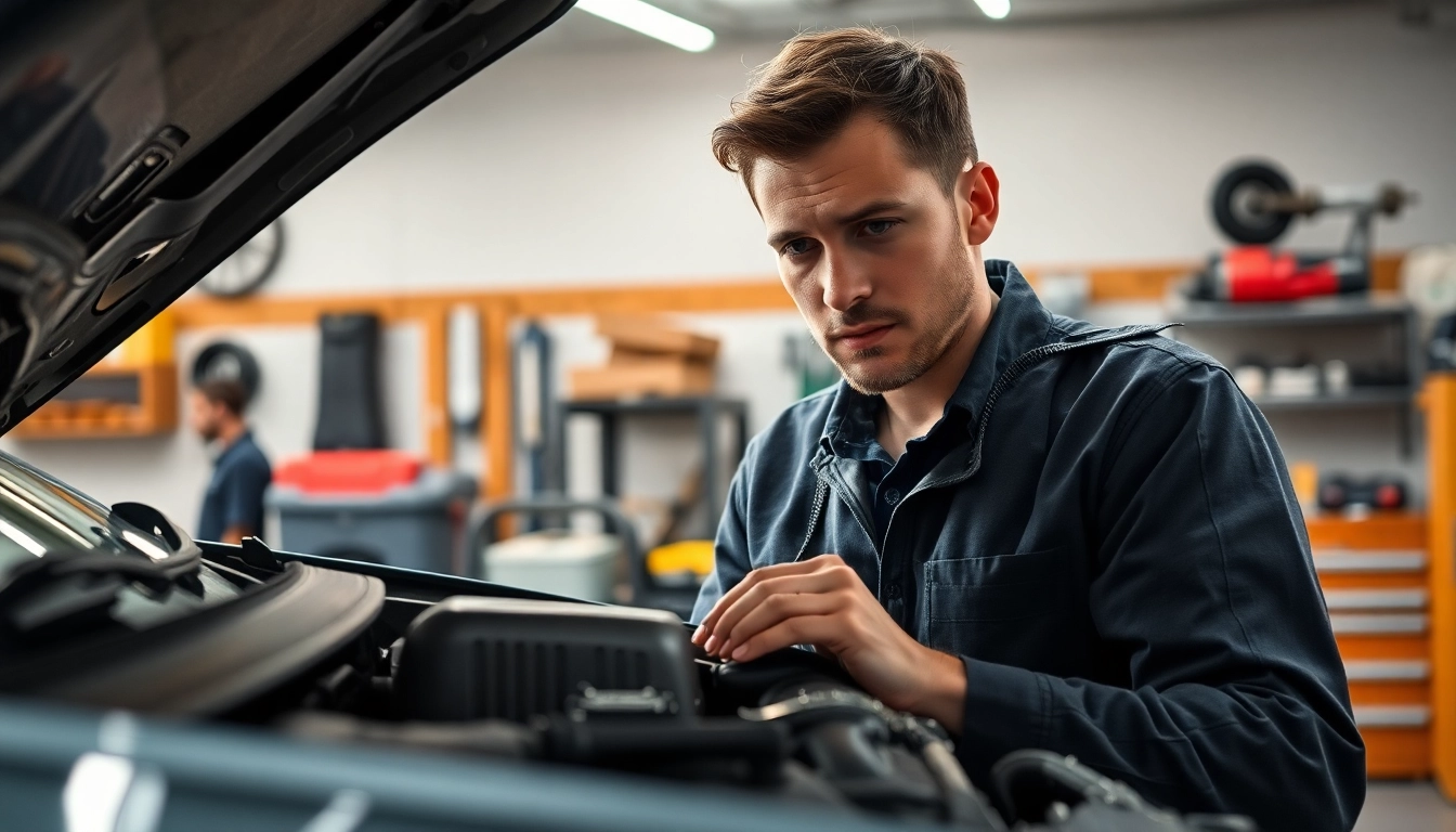 Motorschaden Ankauf in einer Werkstatt mit Fachmann, der ein beschädigtes Auto prüft.