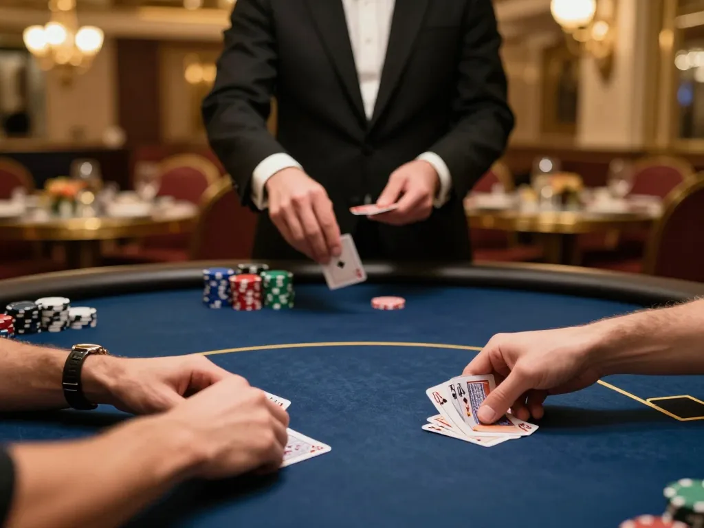 Người chơi LUCK8 trong sòng bạc sang trọng phân tích bài poker trong trận đấu cược cao.