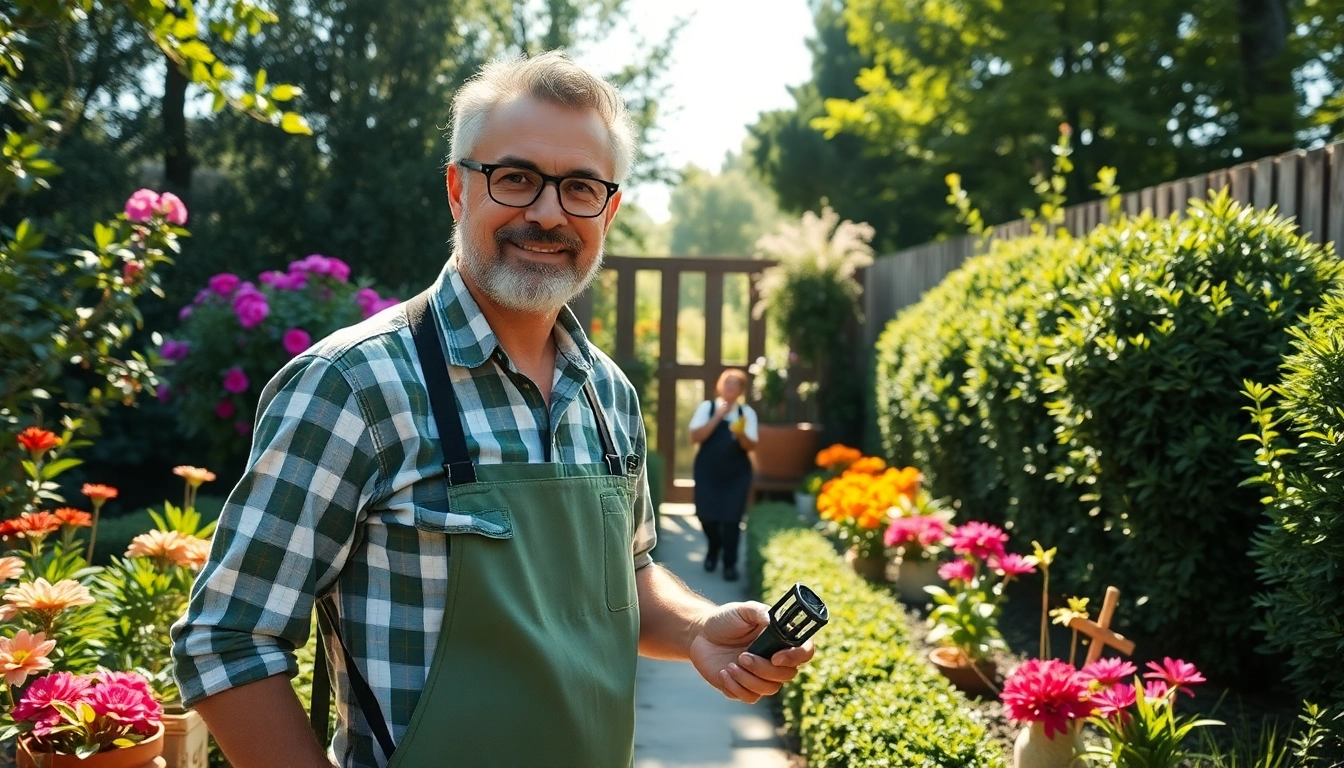 Gartenbauer pflegt eine blühende Gartenlandschaft mit bunten Pflanzen