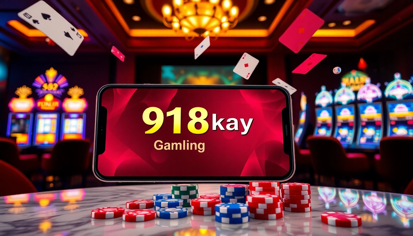 Experience the thrill of online slots with 918kaya Download on a sleek smartphone in a vibrant casino setting.
