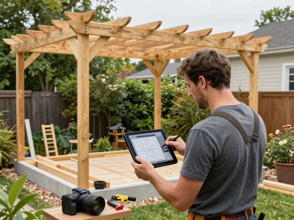Mit Software für Pergola-Installateure entwirft ein Zimmermann eine Pergola auf einem Tablet in einem sonnigen Garten.