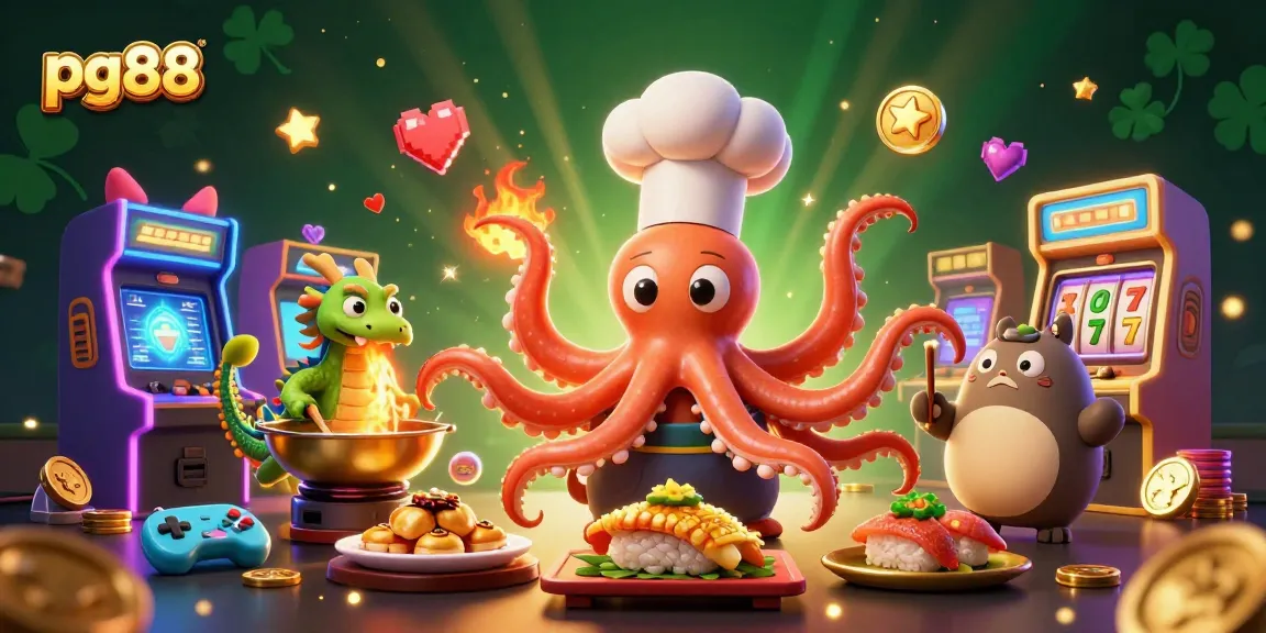 Engage with pg88's vibrant gaming scene featuring a chef octopus, dragon, and tanuki amidst thrilling slot elements.