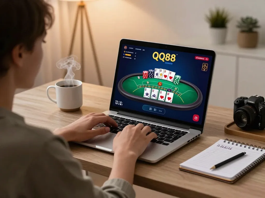 Person enjoying QQ88 online casino gaming at home with a vibrant blackjack screen and strategic notes