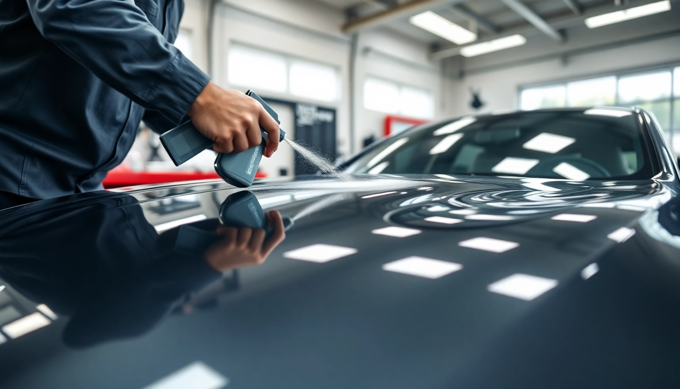 Keramikversiegelung München: Fachmann, der hochwertige Keramikbeschichtung auf einem luxuriösen Auto anwendet.
