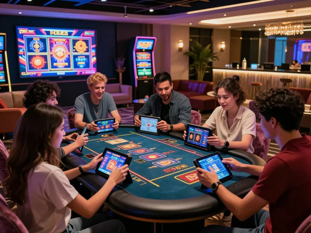 Exciting group playing games at 娛樂城, vibrant neon atmosphere with digital devices.