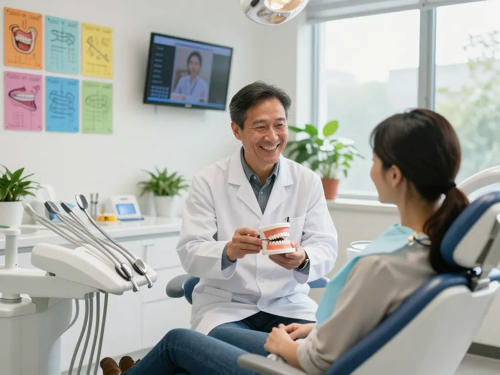 Zahnarzt Wien in einer modernen Zahnarztpraxis, der einem Patienten Beratung und Betreuung bietet und eine freundliche sowie professionelle Umgebung einfängt.