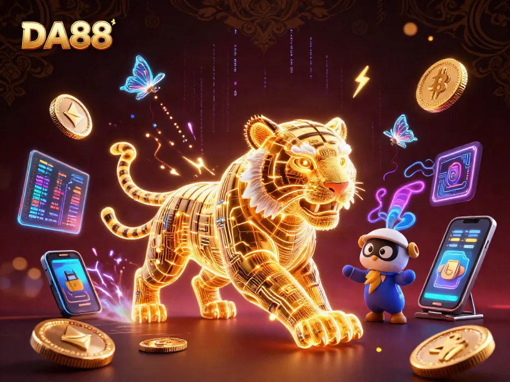 Engage with DA88's digital casino scene featuring a neon tiger and crypto elements.