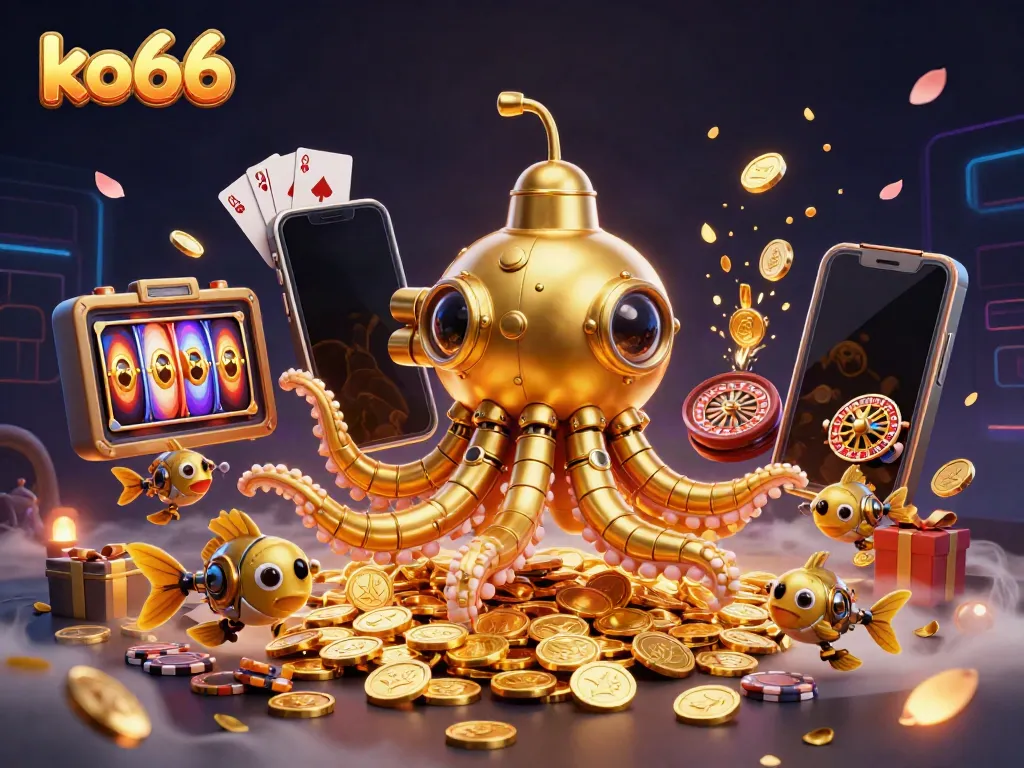 Experience the excitement of ko66 as the golden kraken submarine surfaces through coins amidst an energized casino scene.