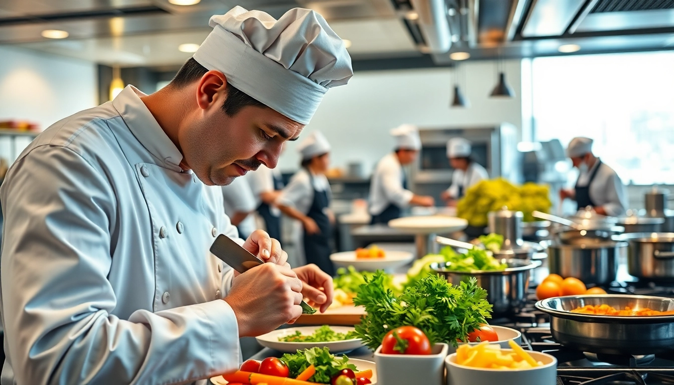 Gastronomie chef preparing gourmet dishes in a vibrant kitchen atmosphere.